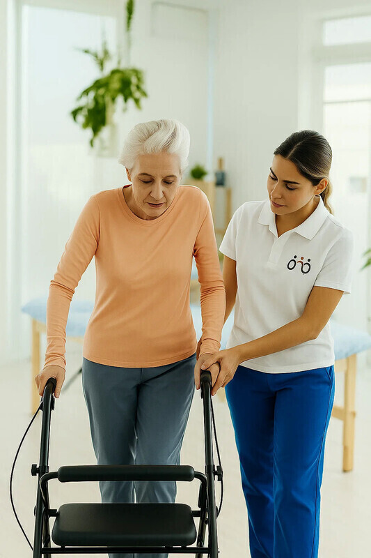 Physiotherapist assessing mobility during a home visit