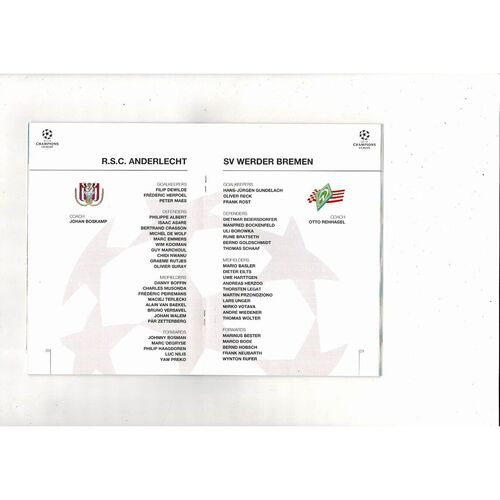 Anderlecht v Werder Bremen Champions League Football Programme 1993/94