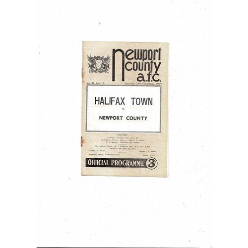 1959/60 Newport County v Halifax Town Football Programme
