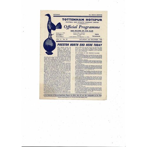 1958/59 Tottenham Hotspur v Preston Football Programme