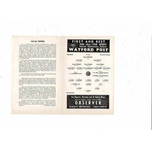 Watford v Bratislava Friendly Football Programme 1961/62
