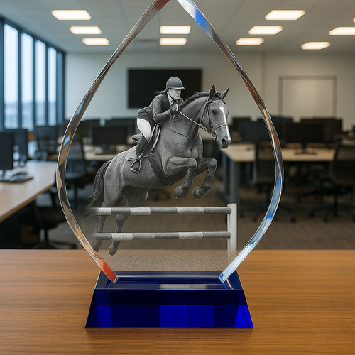 The Mega Plus 250mm Tall, Blue Base, Presentation Crystal/Trophy