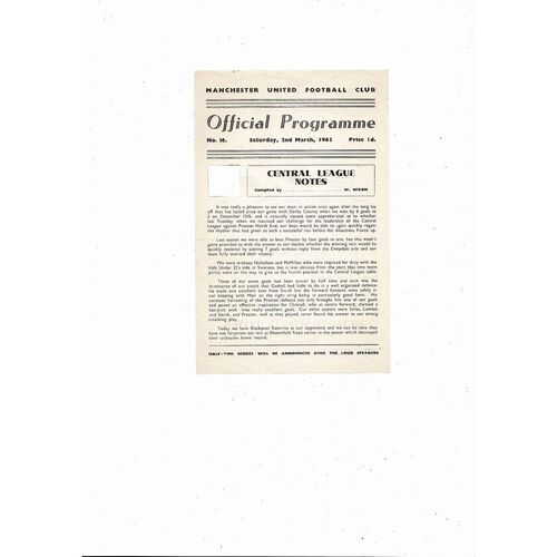 Manchester United v Blackpool Central League Football Programme 1962/63