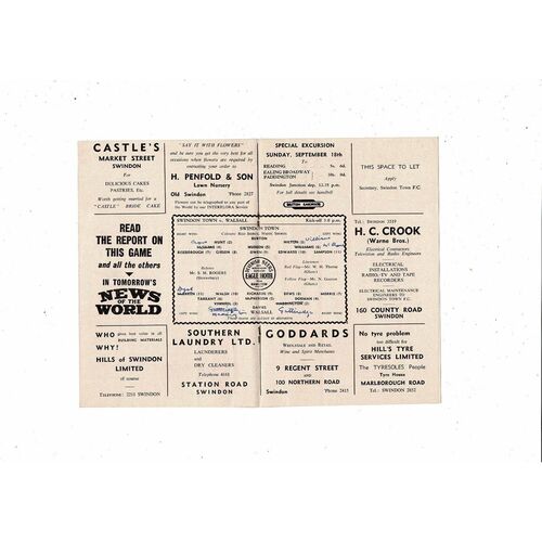 1955/56 Swindon Town v Walsall Football Programme