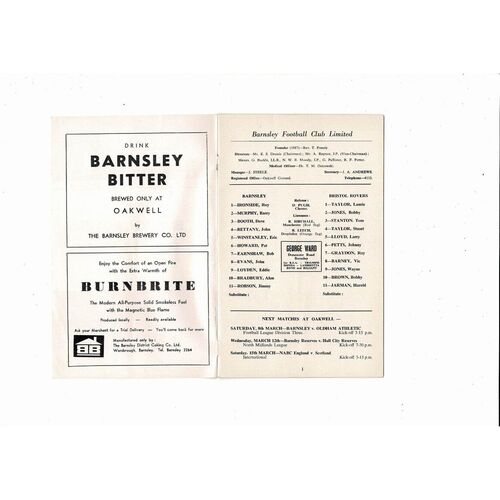 1968/69 Barnsley v Bristol Rovers Football Programme