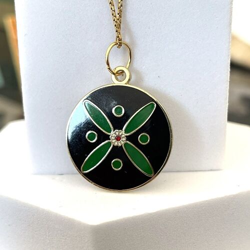 Round Pendant. The Persian Cross. Green on Black with 1 Central Red Stone.