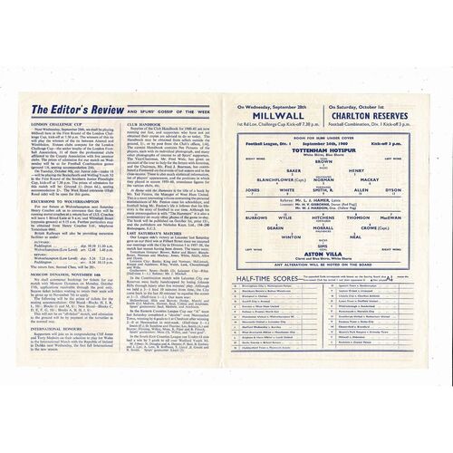 1960/61 Tottenham Hotspur v Aston Villa Football Programme - Spurs Double season