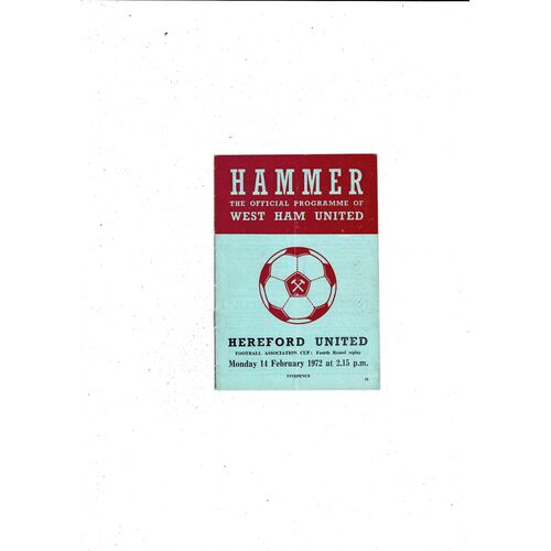 West Ham United v Hereford United FA Cup Replay Football Programme 1971/72