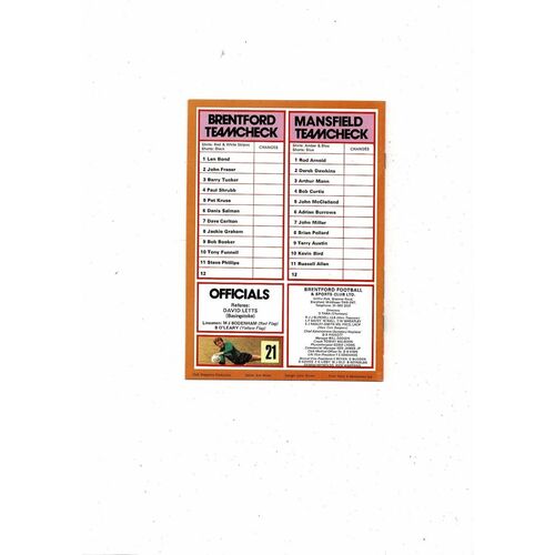 1979/80 Brentford v Mansfield Town Football Programme