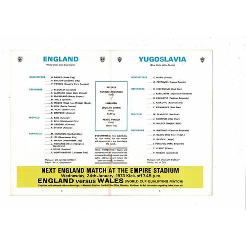 1972 England v Yugoslavia Football Programme