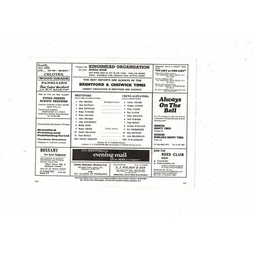 1970/71 Brentford v Crewe Alexandra Football Programme