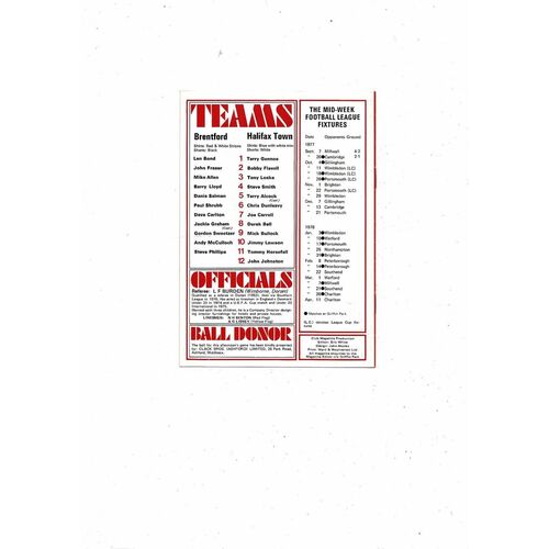 1977/78 Brentford v Halifax Town Football Programme