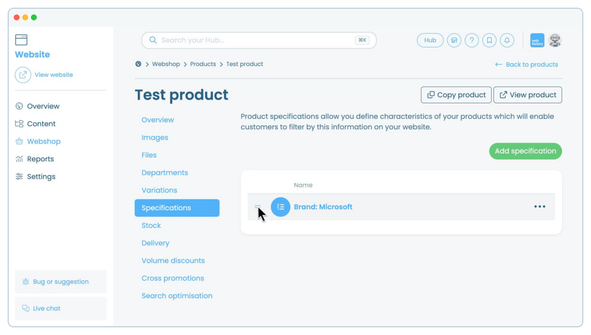 How to add and manage product specifications | Webfactory Support | Webfactory