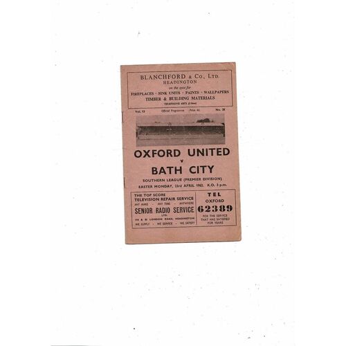 1961/62 Oxford United v Bath City Southern League Football Programme