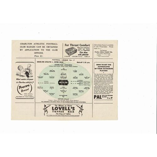 1948/49 Charlton Athletic v Aston Villa Football Programme