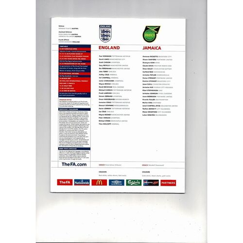2006 England v Jamaica Football Programme @ Manchester United