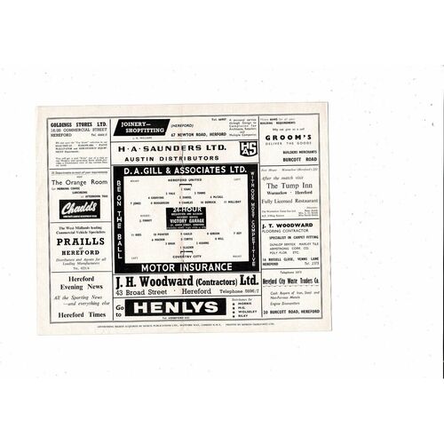 Hereford United v Coventry City Friendly Football Programme 1966/67
