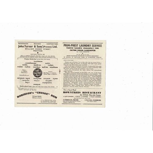 1953/54 Preston v Huddersfield Town Football Programme