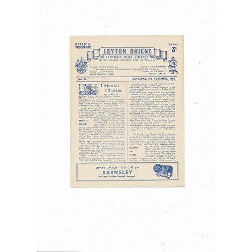 1956/57 Leyton Orient v Barnsley Football Programme
