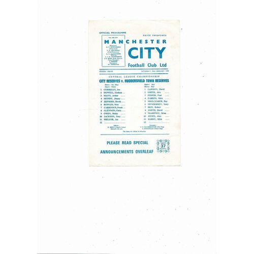 Manchester City v Huddersfield Town Central League Football Programme 1969/70