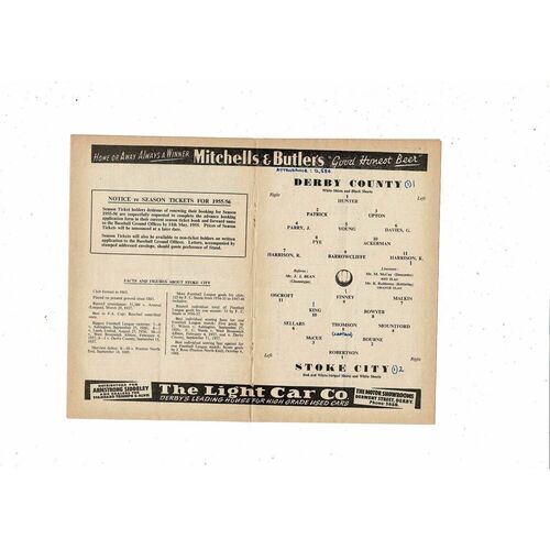 1954/55 Derby County v Stoke City Football Programme