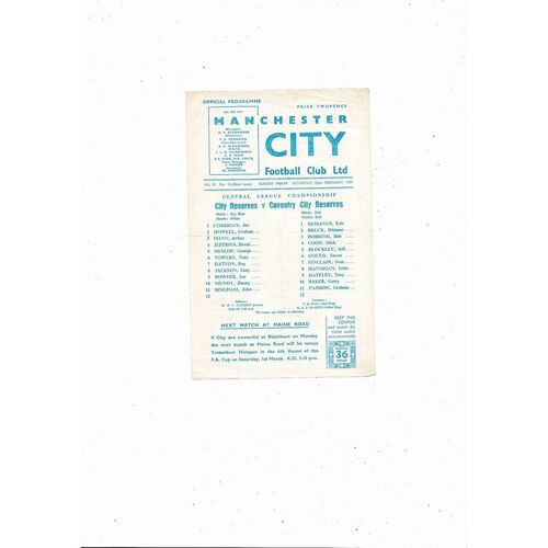 Manchester City v Coventry City Central League Football Programme 1968/69