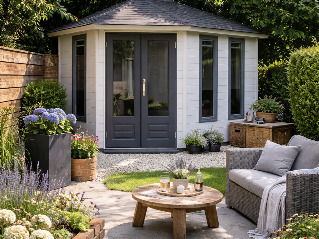 A modern wooden garden room designed and installed by Forever Timber, supplied by Lugarde. It features a covered porch, sleek grey decking, and large glass doors framed by wooden panels, creating a stylish and functional outdoor space. The surrounding landscaped garden adds a natural touch.
