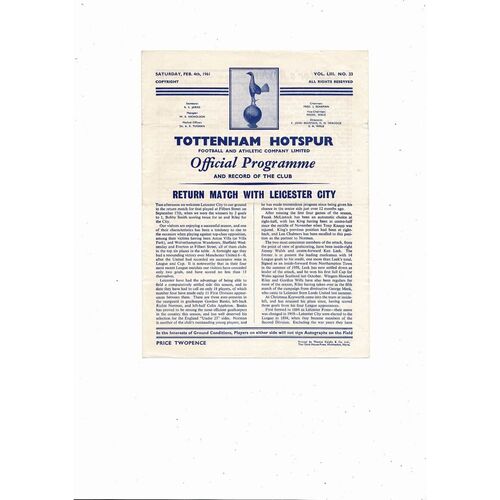 1960/61 Tottenham Hotspur v Leicester City FootballProgramme Spurs Double season