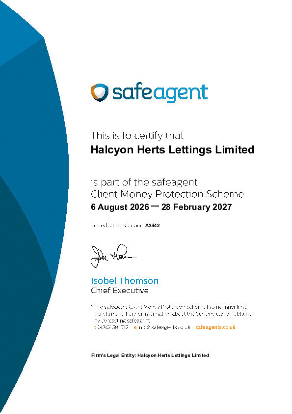 Client Money Protection Certificate | Halcyon Herts Lettings Limited | Letting Agent Hertfordshire | Estate Agent Hertfordshire