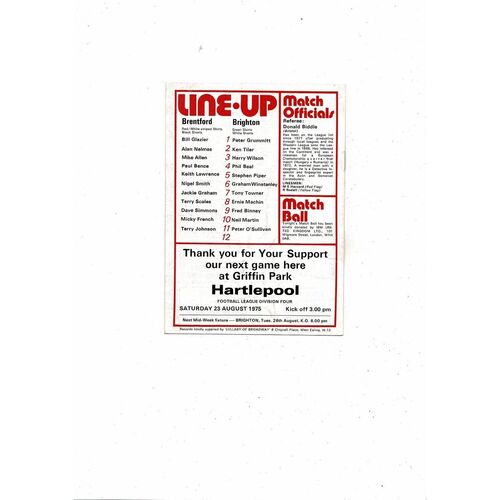1975/76 Brentford v Brighton League Cup Football Programme
