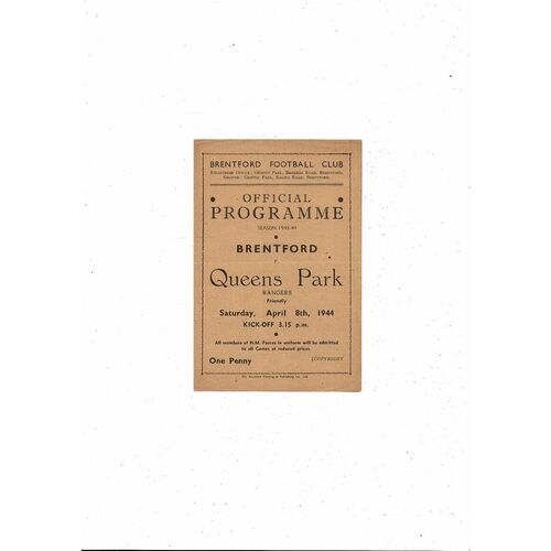 Brentford v Queens Park Rangers Friendly Football Programme 1943/44