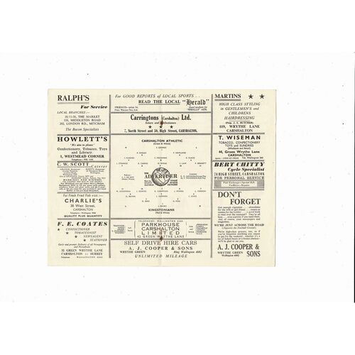 Carshalton Athletic v Kingstonians Friendly Football Programme 1956/57
