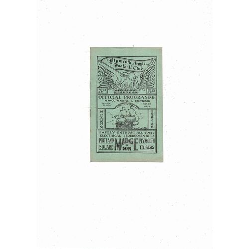 1957/58 Plymouth Argyle v Brentford Football Programme