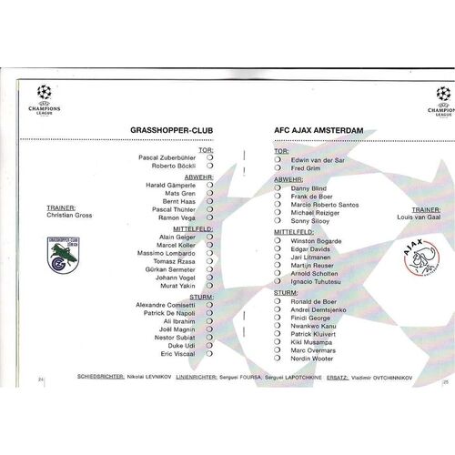 Grasshopper Zurich v Ajax UEFA Champions League Football Programme 1995/96