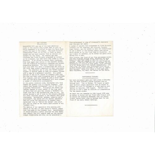Workington v Manchester City Friendly Football Programme 1978/79