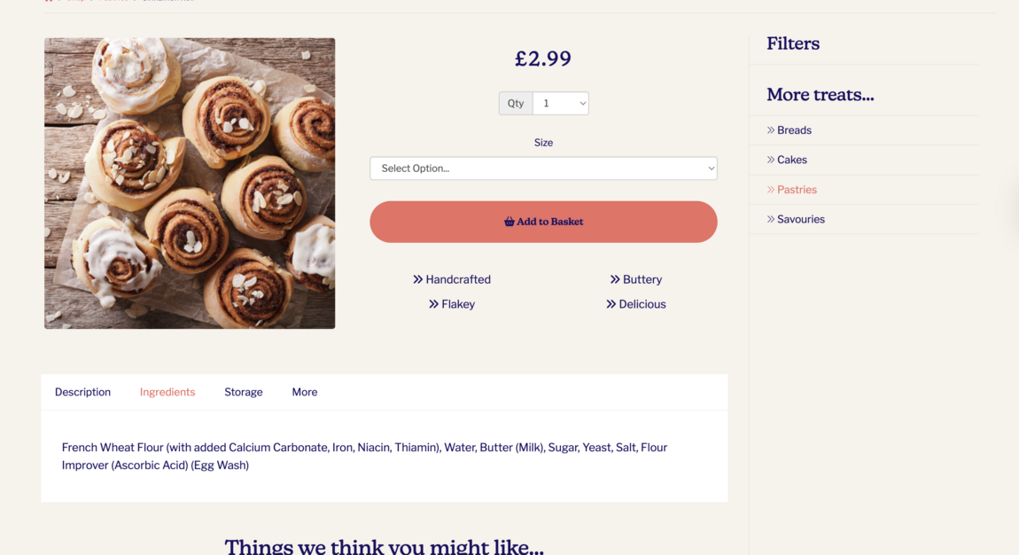 Bakery website design example product page.