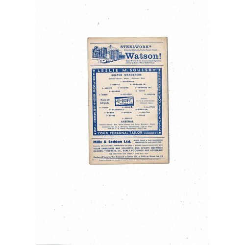 1957/58 Bolton Wanderers v Arsenal Football Programme