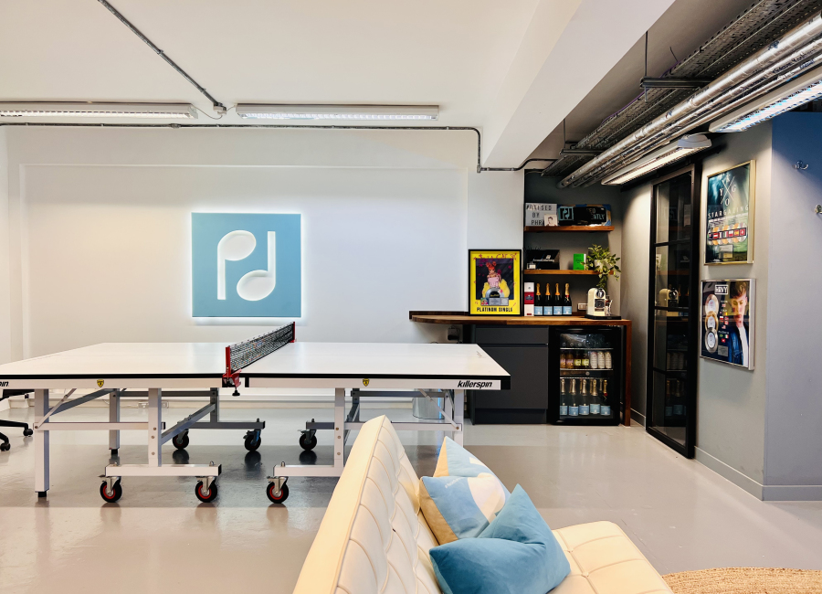 London music production company Phrased Differently office with a breakfast bar and ping pong table