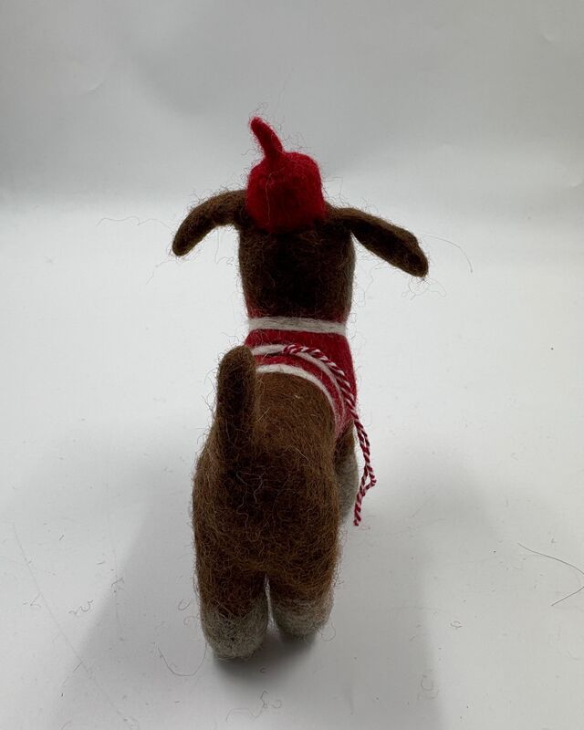 Brown dog with a red hat