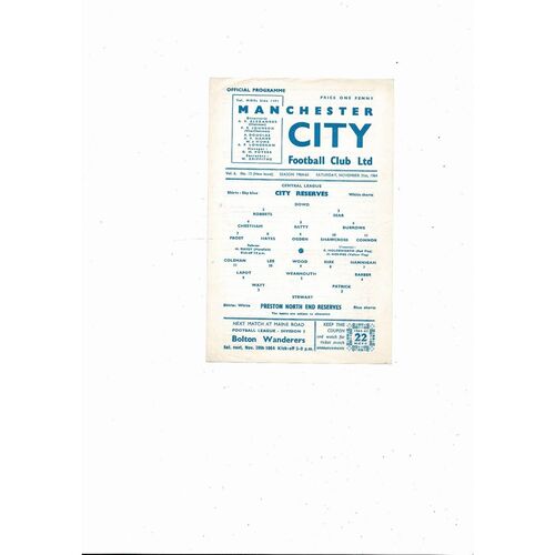 Manchester City v Preston Central League Football Programme 1964/65