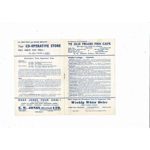 1959/60 Shrewsbury Town v Reading Football Programme
