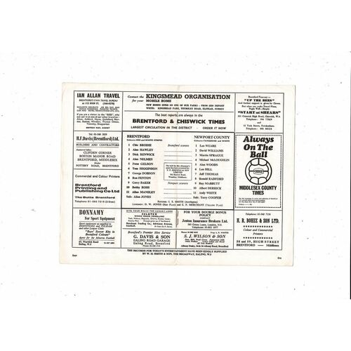 1969/70 Brentford v Newport County Football Programme