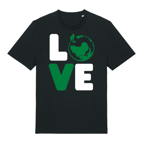 LOVE Earth design with green leaf globe on black t-shirt, ideal eco-conscious graphic for HTV (heat transfer vinyl) printing.