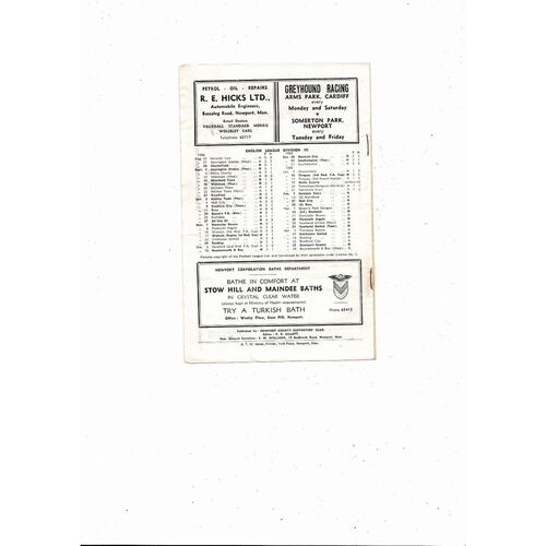 1958/59 Newport County v Swindon Town Football Programme