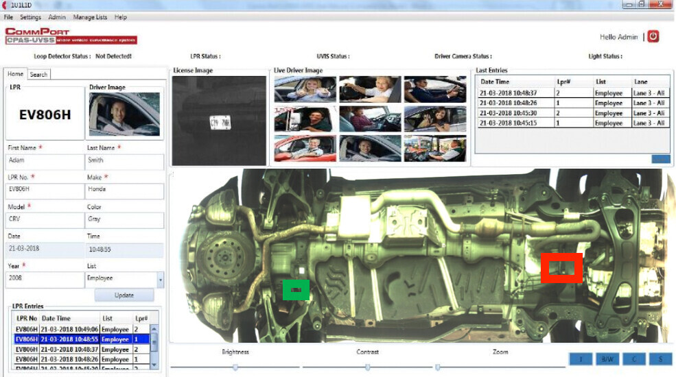 CPAS UVIS Software Screen Shot Example of UVIS, LPR and Driver Image