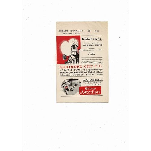Guildford City v Yeovil Town FA Cup Football Programme 1957/58
