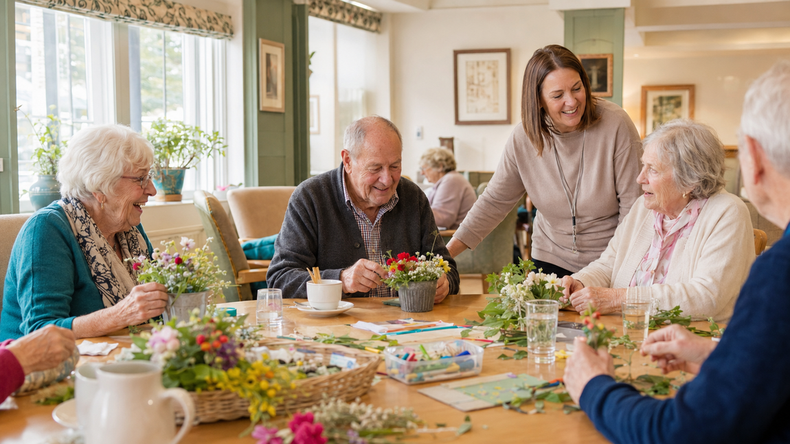 Guests enjoying flower arranging, crafts and conversation together at Your Care Dementia Day Club in Hanham.