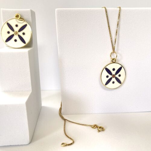 Round Pendant. The Persian Cross. Deep Purple on White with 1 Central Red Stone.