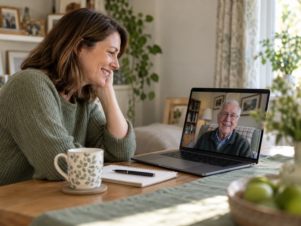 Adult daughter speaking with her older father on a video call from her home.