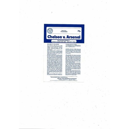 Chelsea v Arsenal Friendly Football Programme 1982/83